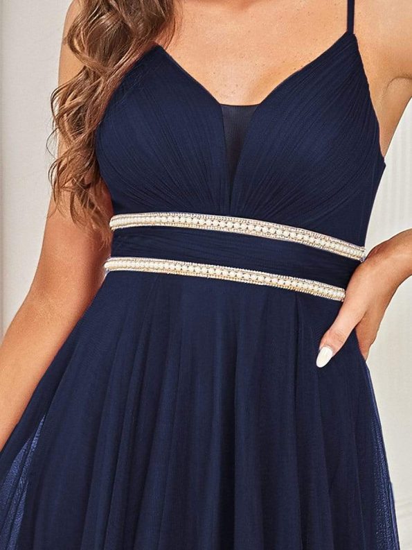 V Neck High-low Hem Pleated Tulle Prom Dress - Navy Blue