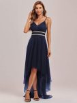 V Neck High-low Hem Pleated Tulle Prom Dress – Navy Blue