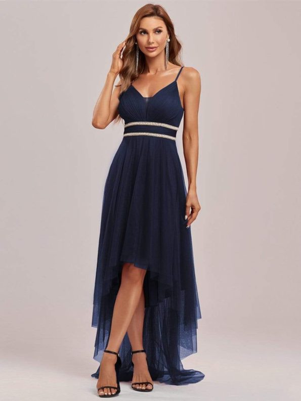 V Neck High-low Hem Pleated Tulle Prom Dress - Navy Blue