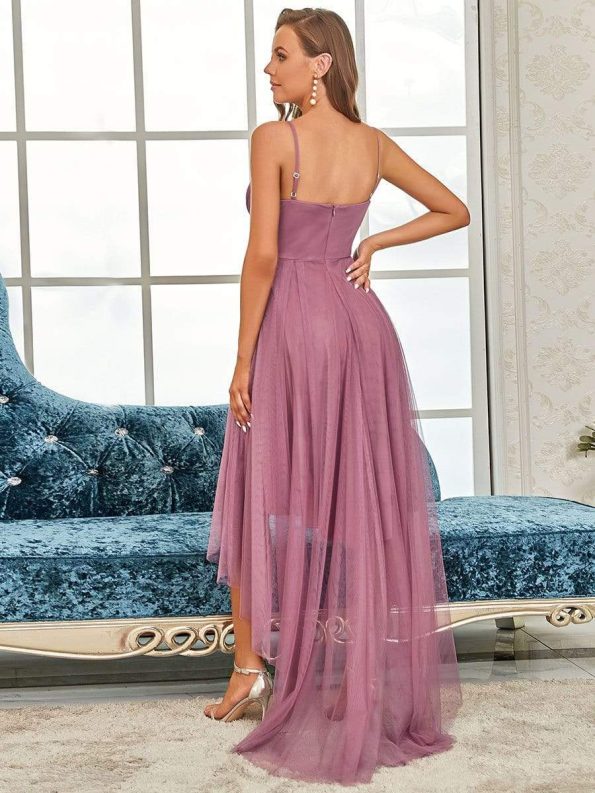 V Neck High-low Hem Pleated Tulle Prom Dress - Purple Orchid