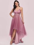 V Neck High-low Hem Pleated Tulle Prom Dress – Purple Orchid