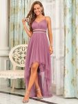 V Neck High-low Hem Pleated Tulle Prom Dress – Purple Orchid