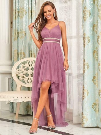 V Neck High-low Hem Pleated Tulle Prom Dress - Purple Orchid