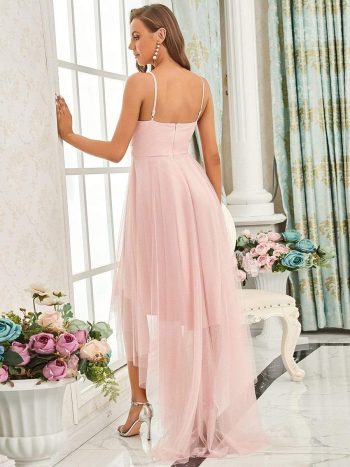 V Neck High-low Hem Pleated Tulle Prom Dress - Pink