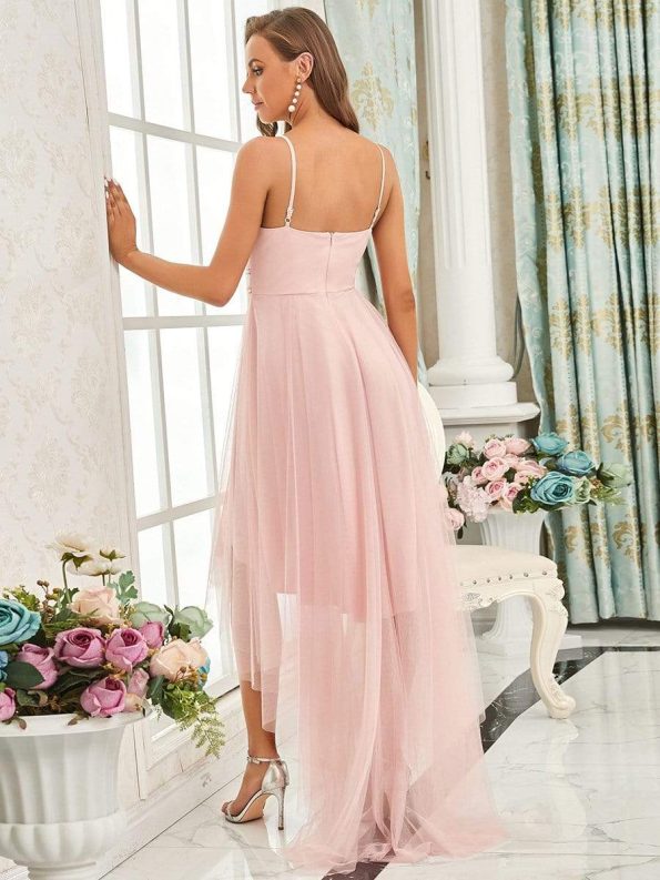 V Neck High-low Hem Pleated Tulle Prom Dress - Pink