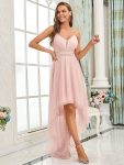 V Neck High-low Hem Pleated Tulle Prom Dress – Pink