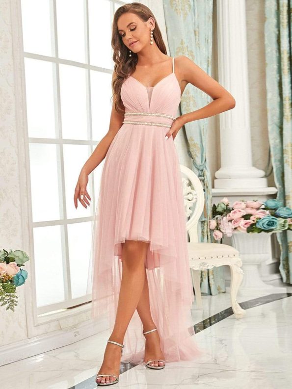 V Neck High-low Hem Pleated Tulle Prom Dress - Pink