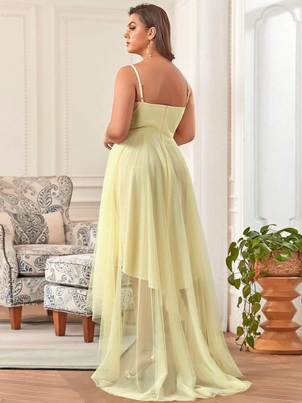 V Neck High-low Hem Pleated Tulle Prom Dress - Yellow