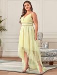 V Neck High-low Hem Pleated Tulle Prom Dress – Yellow