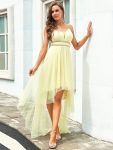 V Neck High-low Hem Pleated Tulle Prom Dress – Yellow