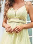 V Neck High-low Hem Pleated Tulle Prom Dress – Yellow