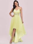 V Neck High-low Hem Pleated Tulle Prom Dress – Yellow