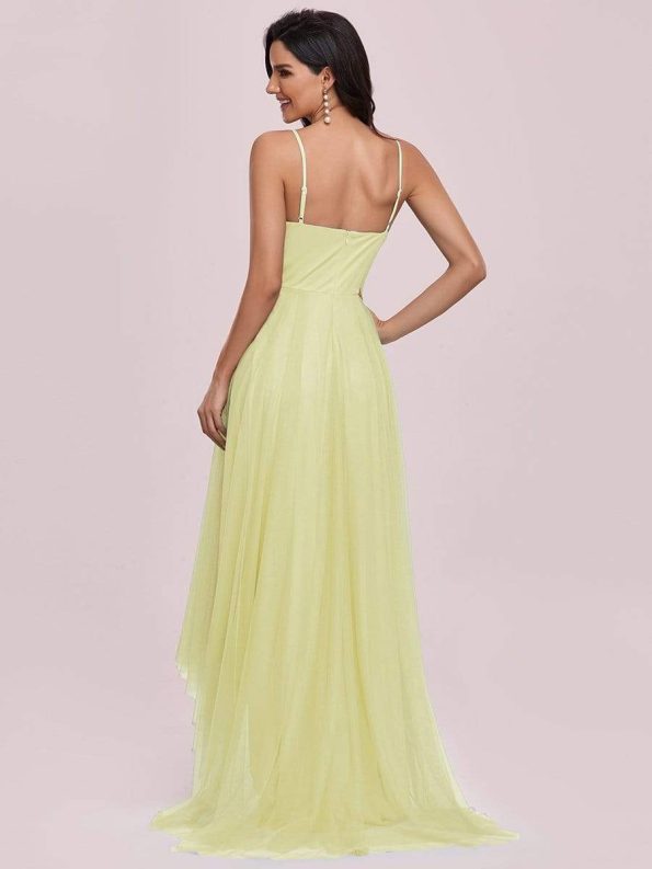 V Neck High-low Hem Pleated Tulle Prom Dress - Yellow