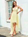 V Neck High-low Hem Pleated Tulle Prom Dress – Yellow