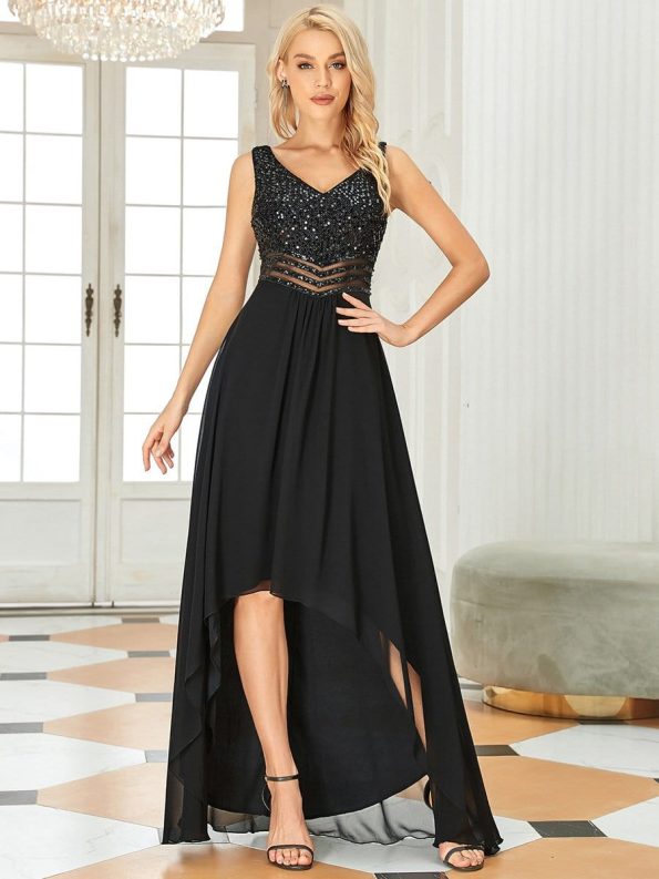 Sexy High-Low Maxi Chiffon Evening Dresses with Sequin - Black