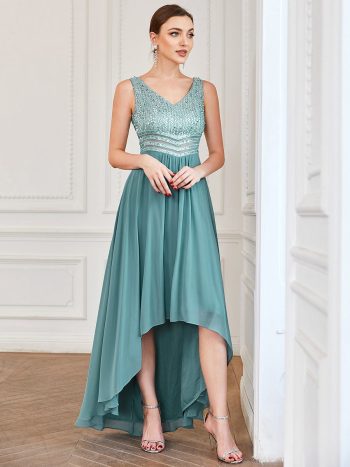 Sexy High-Low Maxi Chiffon Evening Dresses with Sequin - Dusty Blue