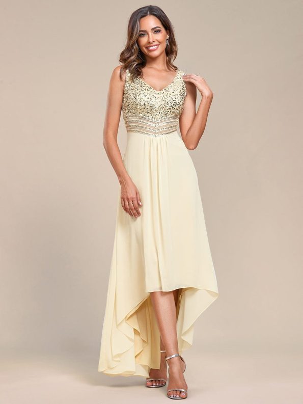 Sexy High-Low Maxi Chiffon Evening Dresses with Sequin - Gold