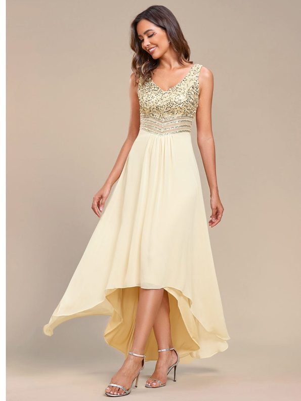 Sexy High-Low Maxi Chiffon Evening Dresses with Sequin - Gold