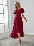 Chiffon Ruffle Sleeves Asymmetrical Hem Mother of the Bride Dress – Burgundy