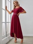 Chiffon Ruffle Sleeves Asymmetrical Hem Mother of the Bride Dress – Burgundy