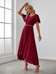 Chiffon Ruffle Sleeves Asymmetrical Hem Mother of the Bride Dress – Burgundy