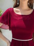 Chiffon Ruffle Sleeves Asymmetrical Hem Mother of the Bride Dress – Burgundy