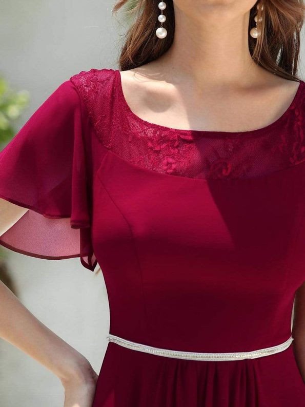 Chiffon Ruffle Sleeves Asymmetrical Hem Mother of the Bride Dress - Burgundy