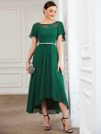 Women’s Casual Boat Neck A-Line Midi Dress with Asymmetrical Hems – Dark Green