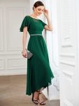 Women’s Casual Boat Neck A-Line Midi Dress with Asymmetrical Hems – Dark Green