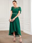 Women’s Casual Boat Neck A-Line Midi Dress with Asymmetrical Hems – Dark Green