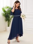 Women’s Casual Boat Neck A-Line Midi Dress with Asymmetrical Hems – Navy Blue