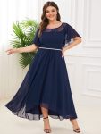 Women’s Casual Boat Neck A-Line Midi Dress with Asymmetrical Hems – Navy Blue