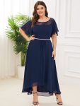 Women’s Casual Boat Neck A-Line Midi Dress with Asymmetrical Hems – Navy Blue