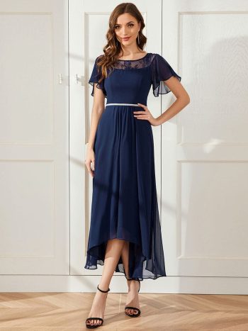 Chiffon Ruffle Sleeves Asymmetrical Hem Mother of the Bride Dress - Navy Blue