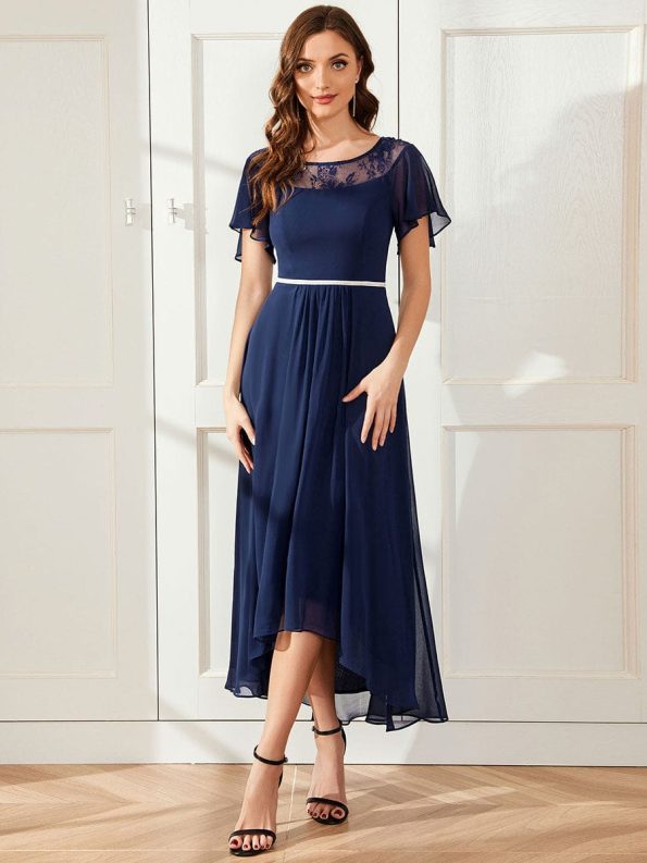 Chiffon Ruffle Sleeves Asymmetrical Hem Mother of the Bride Dress - Navy Blue