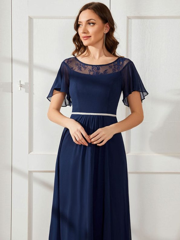 Chiffon Ruffle Sleeves Asymmetrical Hem Mother of the Bride Dress - Navy Blue