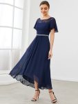 Women’s Casual Boat Neck A-Line Midi Dress with Asymmetrical Hems – Navy Blue