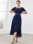 Women’s Casual Boat Neck A-Line Midi Dress with Asymmetrical Hems – Navy Blue