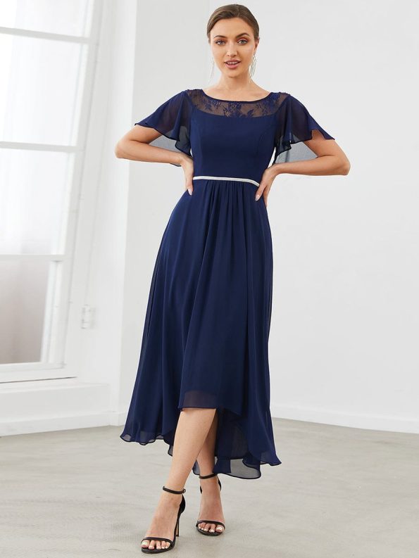 Women's Casual Boat Neck A-Line Midi Dress with Asymmetrical Hems - Navy Blue