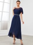 Women’s Casual Boat Neck A-Line Midi Dress with Asymmetrical Hems – Navy Blue