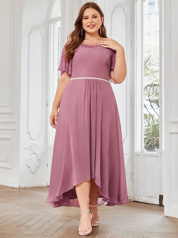 Chiffon Ruffle Sleeves Asymmetrical Hem Mother of the Bride Dress - Purple Orchid