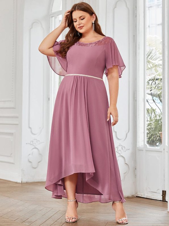 Chiffon Ruffle Sleeves Asymmetrical Hem Mother of the Bride Dress - Purple Orchid