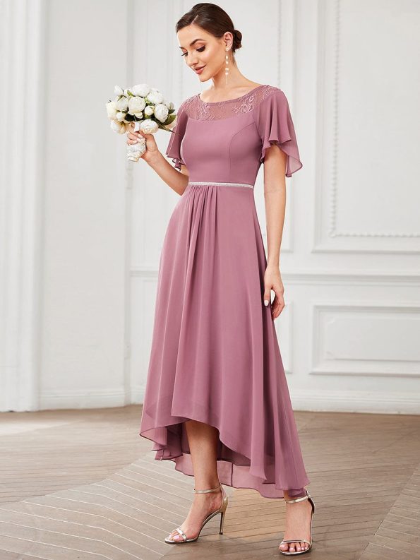 Chiffon Ruffle Sleeves Asymmetrical Hem Mother of the Bride Dress - Purple Orchid