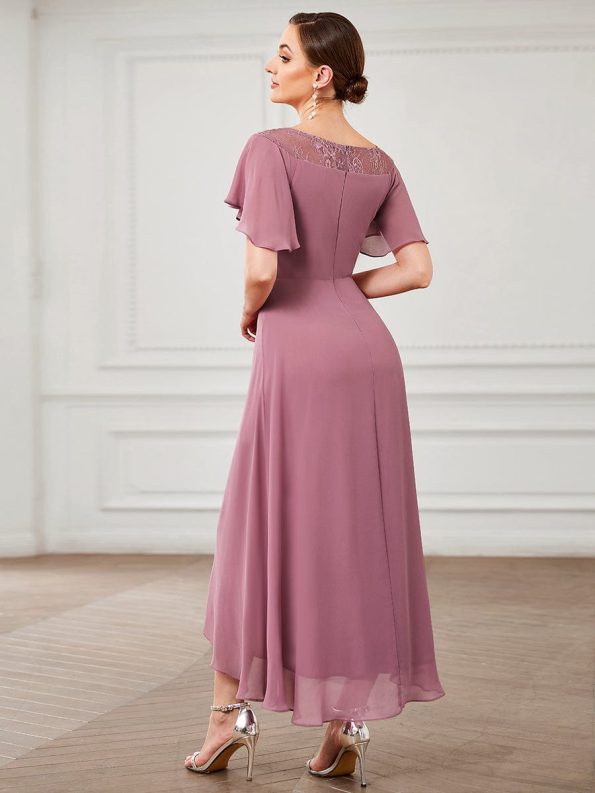 Chiffon Ruffle Sleeves Asymmetrical Hem Mother of the Bride Dress - Purple Orchid