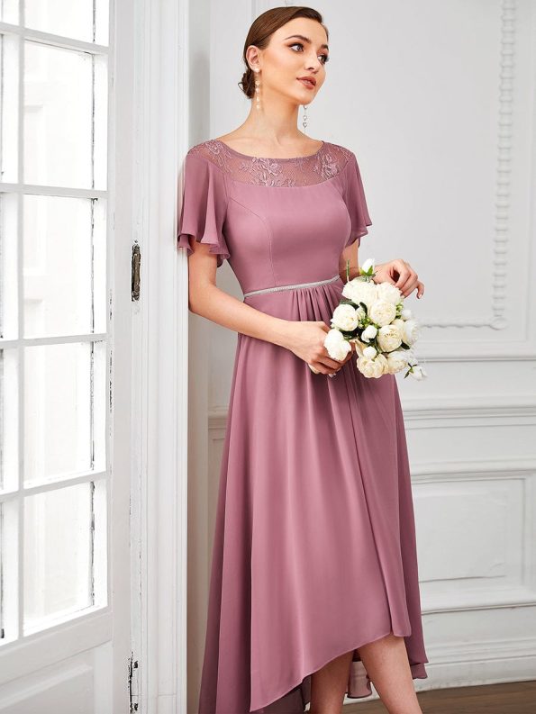 Chiffon Ruffle Sleeves Asymmetrical Hem Mother of the Bride Dress - Purple Orchid