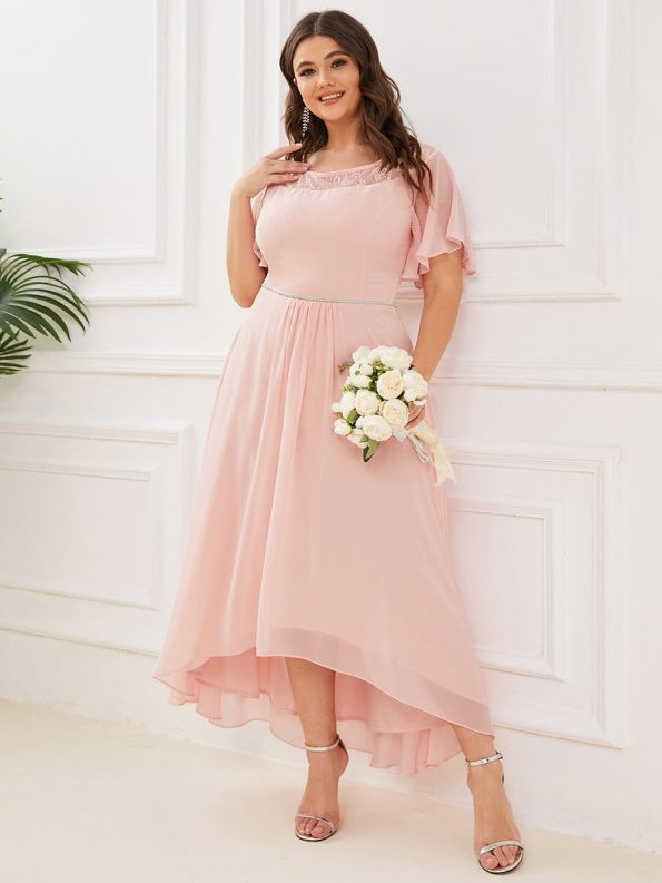 Chiffon Ruffle Sleeves Asymmetrical Hem Mother of the Bride Dress - Pink