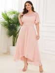 Women’s Casual Boat Neck A-Line Midi Dress with Asymmetrical Hems – Pink