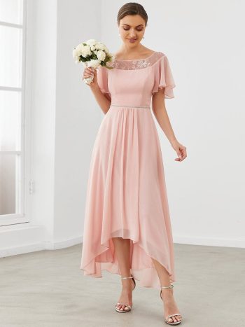 Chiffon Ruffle Sleeves Asymmetrical Hem Mother of the Bride Dress - Pink