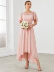 Chiffon Ruffle Sleeves Asymmetrical Hem Mother of the Bride Dress – Pink