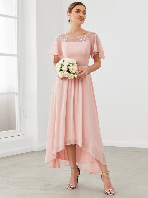 Chiffon Ruffle Sleeves Asymmetrical Hem Mother of the Bride Dress - Pink